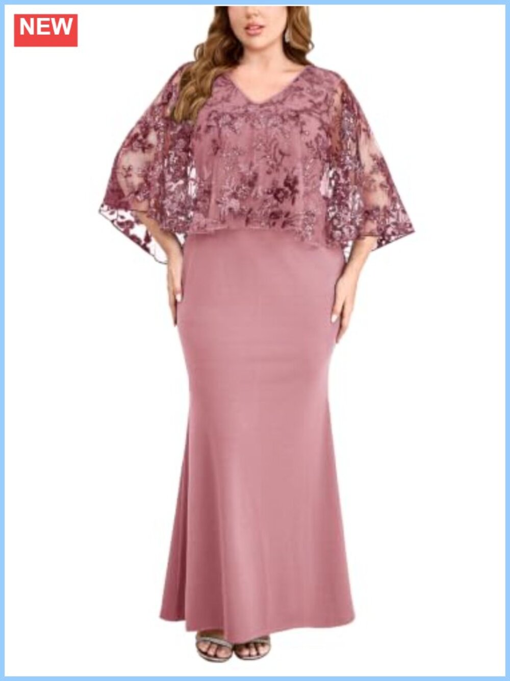 Plus Size Sequin Cape Mermaid Maxi Dress Formal Evening Gown Wedding Guest